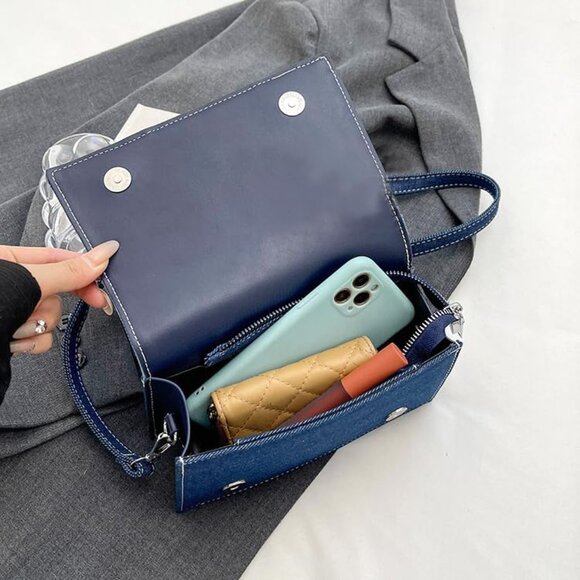 Women Denim Small Square Bag Patchwork Shoulder Handbag Premium Texture Crossbod - Picture 4 of 6